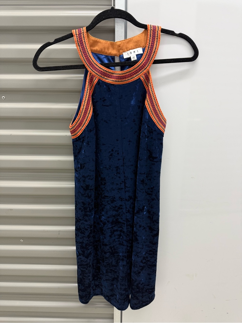THML Navy Crushed Velvet Halter Dress with Orange Trim NEW